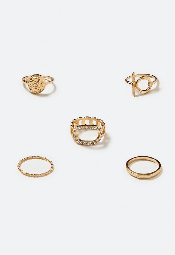 6-Mixed Anya Rhinestone And Organic Metal Rings Set